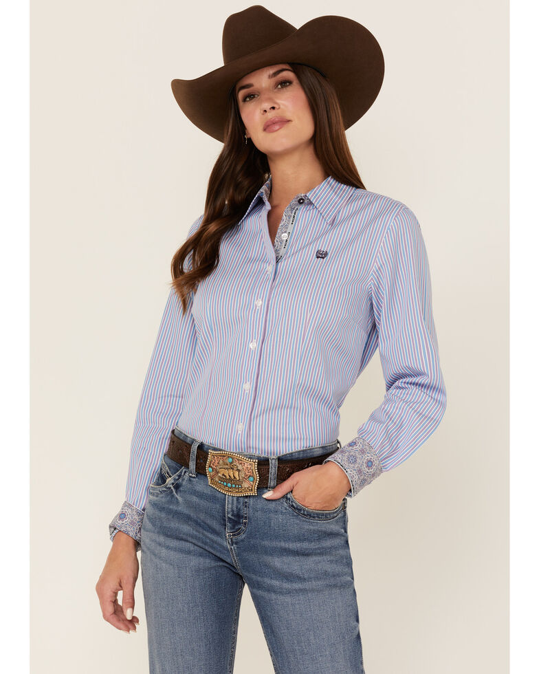 Cinch Women's Stripe Print Long Sleeve Button-Down Western Core Shirt, Purple, hi-res