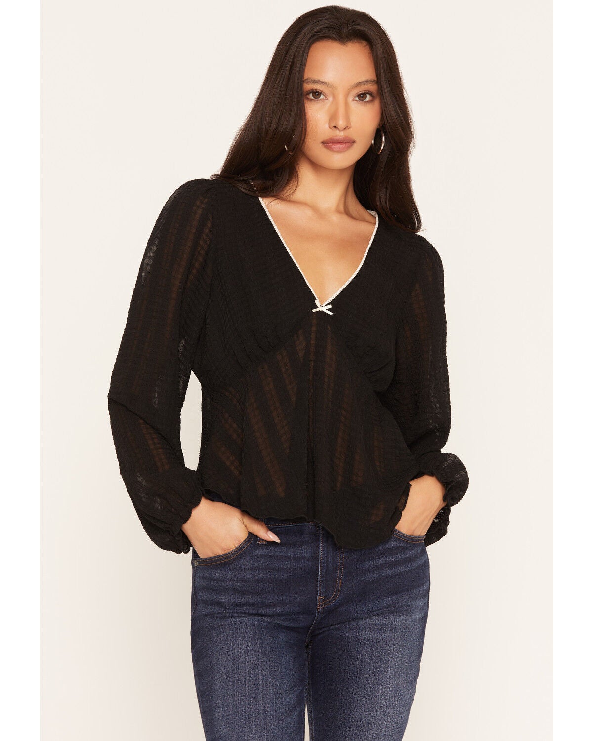 Wild Moss Women's Solid Bow Trim Long Sleeve Top, Black, hi-res