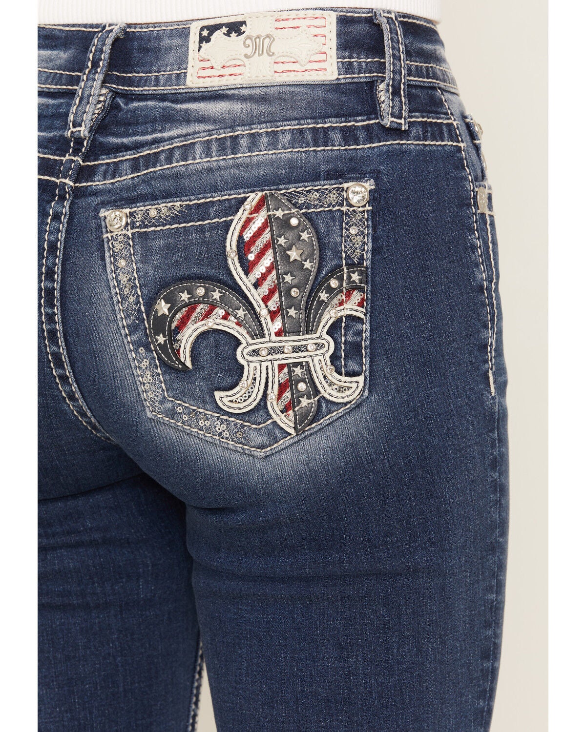 Image #2 - Miss Me Women's Dark Wash Americana Fleur de Lis Bootcut Stretch Denim Jeans, Dark Wash, hi-res
