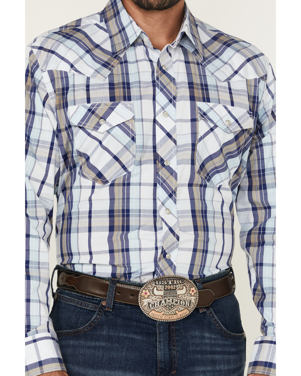 Image #3 - Wrangler 20X Men's Plaid Print Long Sleeve Snap Stretch Western Shirt, Blue, hi-res