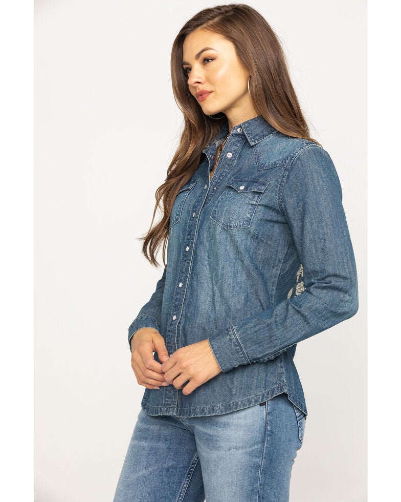 Stetson Women's Floral Embroidered Denim Long Sleeve Western Shirt