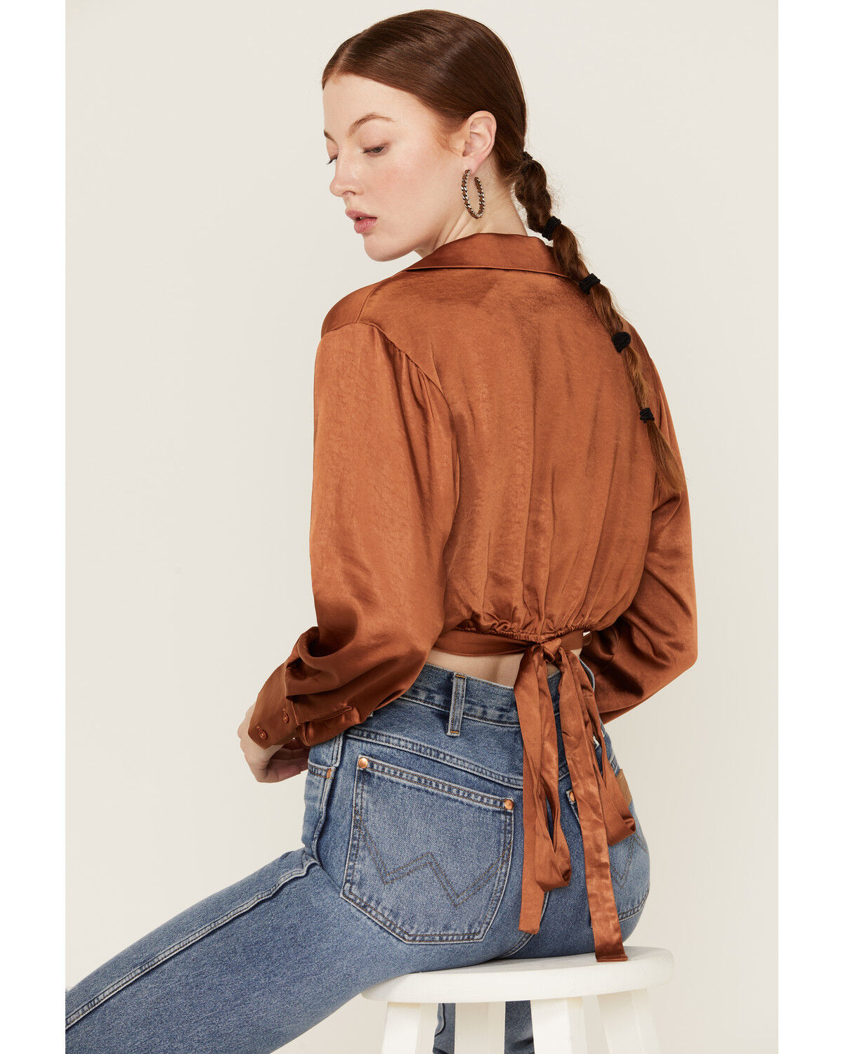 Image #1 - Lush Women's Satin Wrap Tie Waist Crop Top, Rust Copper, hi-res