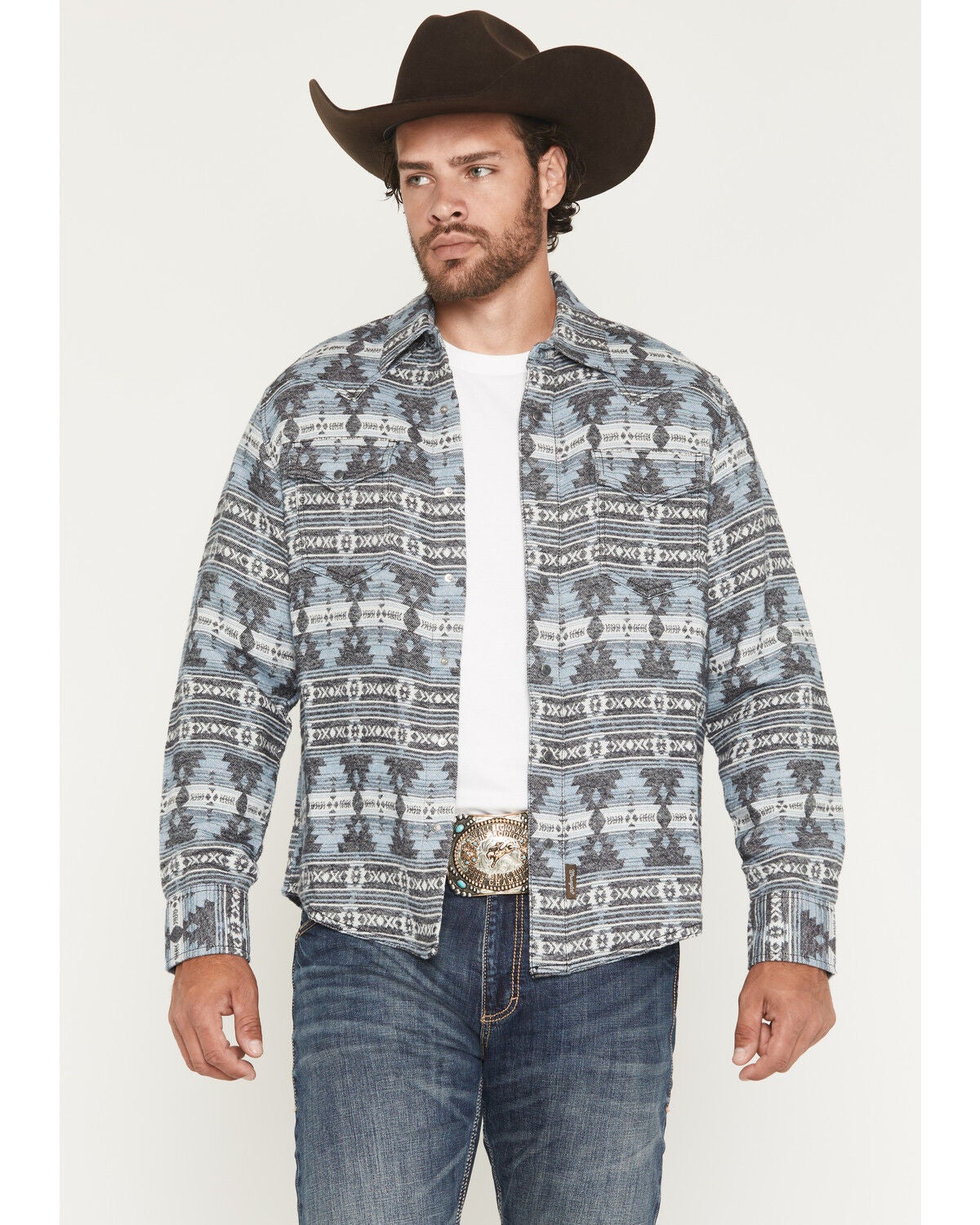 Image #1 - Wrangler Retro Men's Southwestern Print Long Sleeve Snap Shirt Jacket, Blue, hi-res