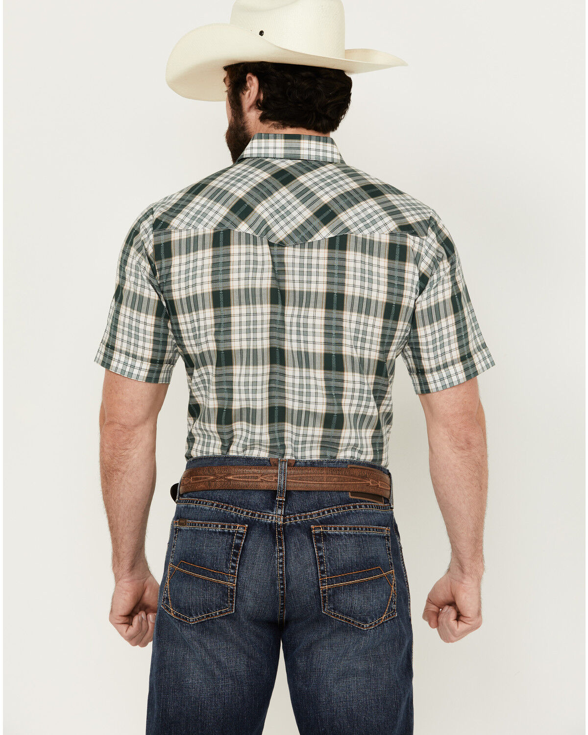 Image #4 - Ely Walker Men's Dobby Plaid Print Short Sleeve Snap Western Shirt, Green, hi-res