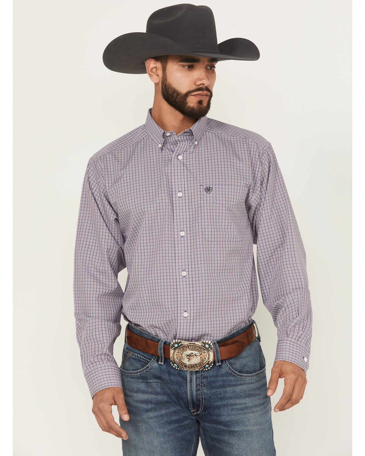 Image #1 - Ariat Men's Roger Plaid Print Long Sleeve Button-Down Western Shirt, Purple, hi-res