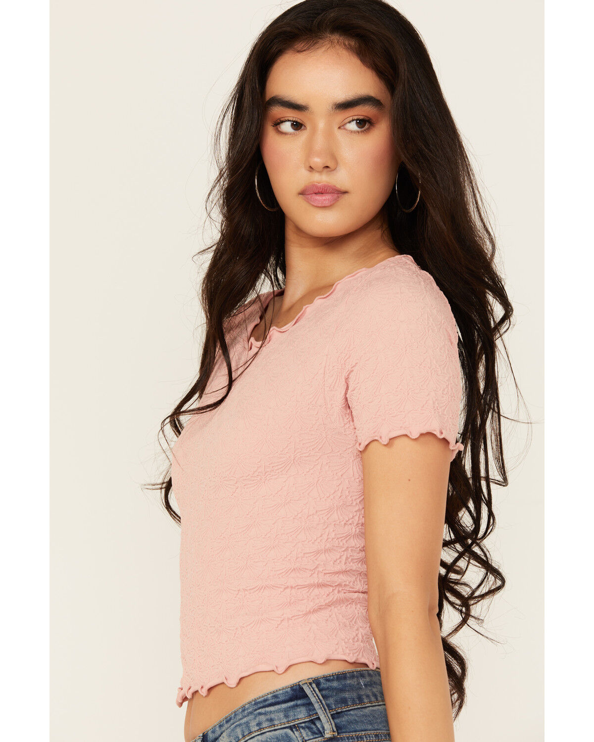 Image #2 - Fornia Women's Solid Lettuce Edge Short Sleeve Tee, Pink, hi-res