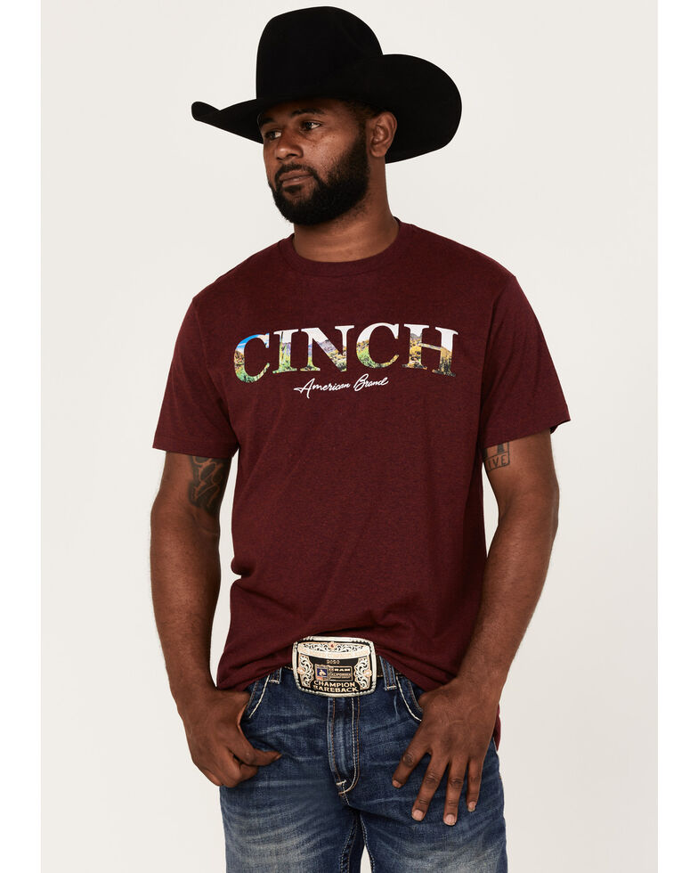 Cinch Men's Logo Scenery Graphic Short Sleeve T-Shirt  , Burgundy, hi-res