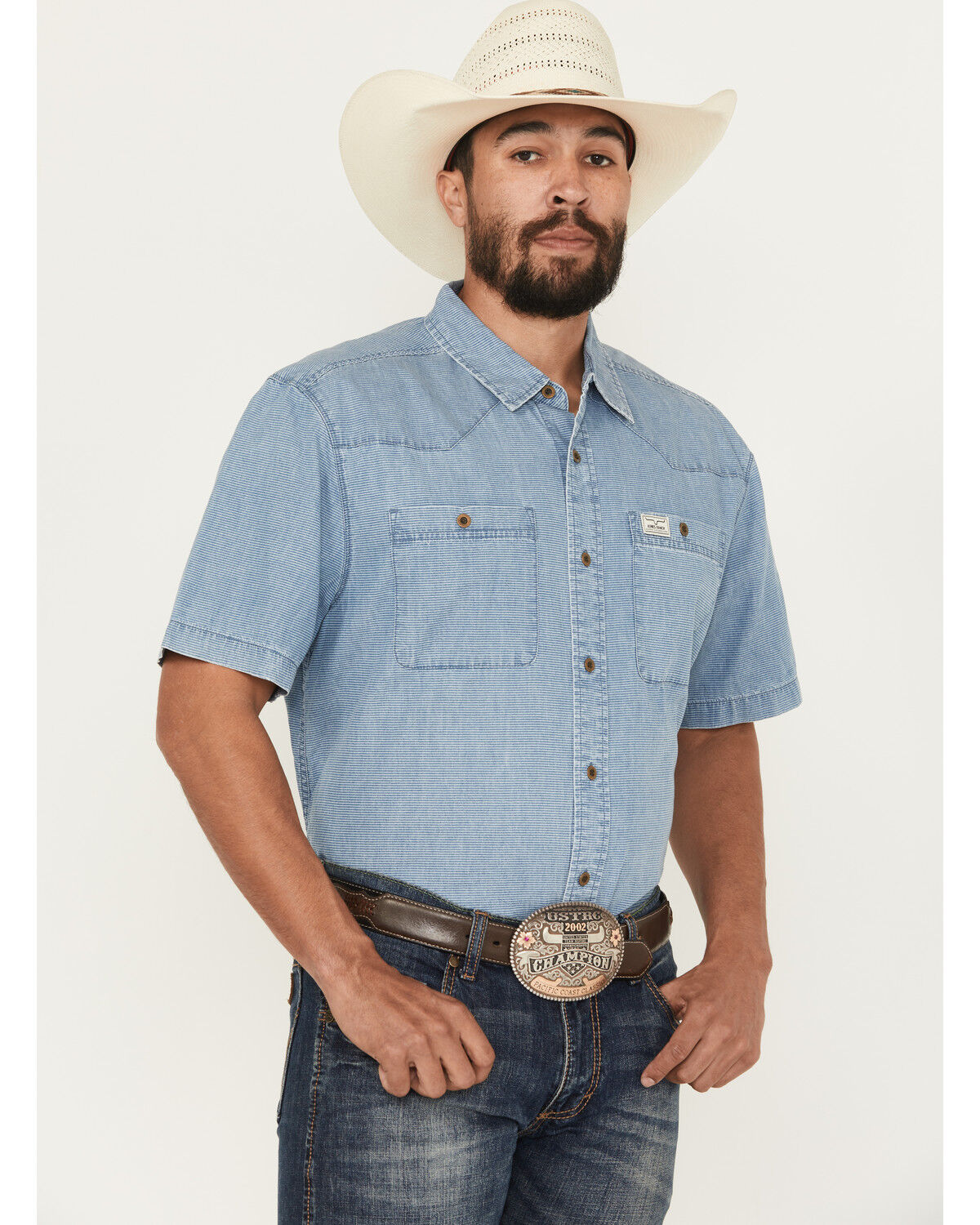 Image #1 - Kimes Ranch Men's Shifter Solid Short Sleeve Button-Down Western Shirt, Indigo, hi-res