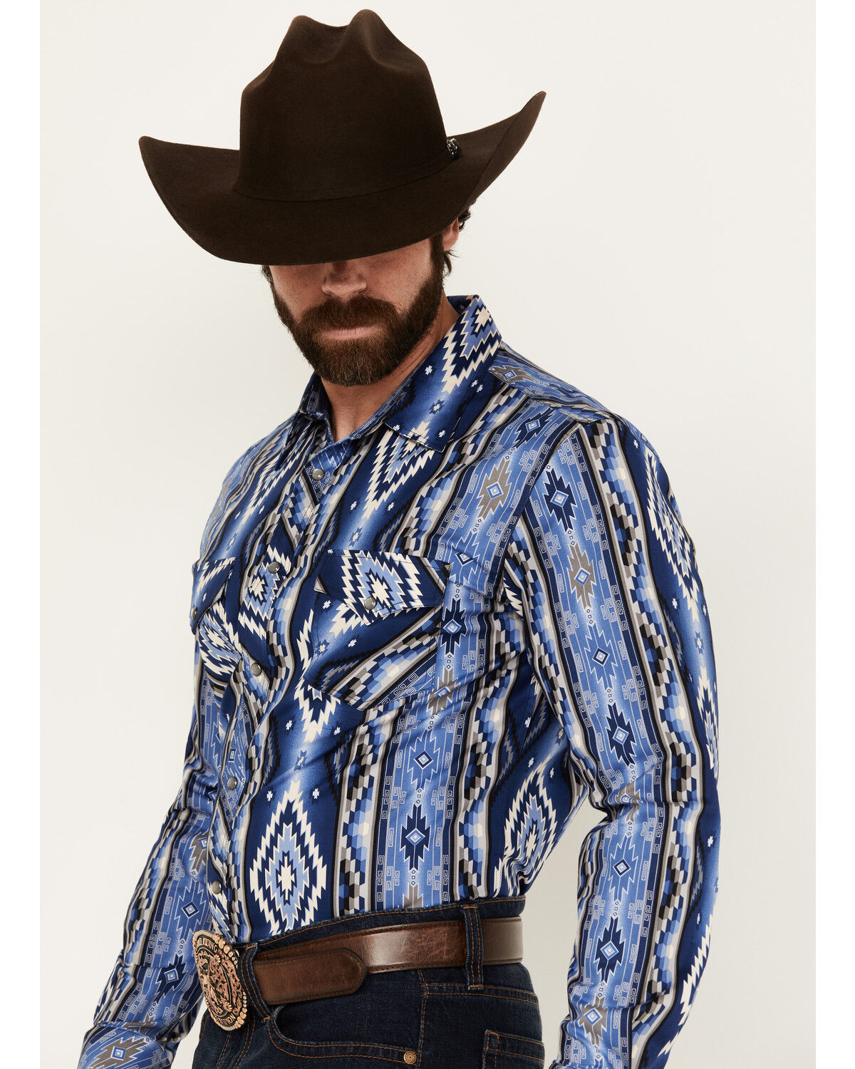 Image #2 - Rock & Roll Denim Men's Southwestern Striped Long Sleeve Pearl Snap Stretch Western Shirt, Blue, hi-res