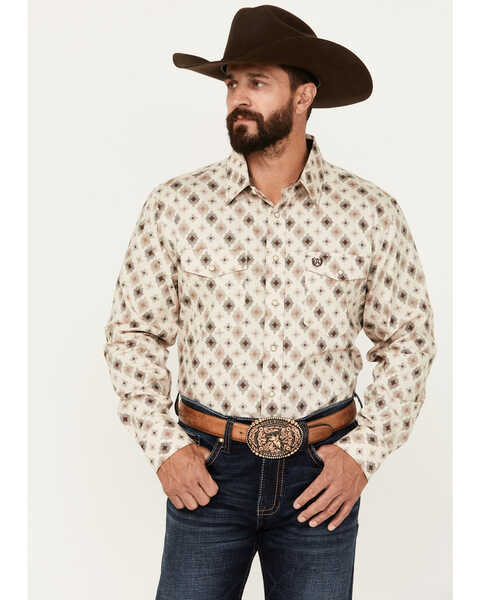 Image #1 - Panhandle Men's Select Medallion Print Long Sleeve Snap Western Shirt, Tan, hi-res