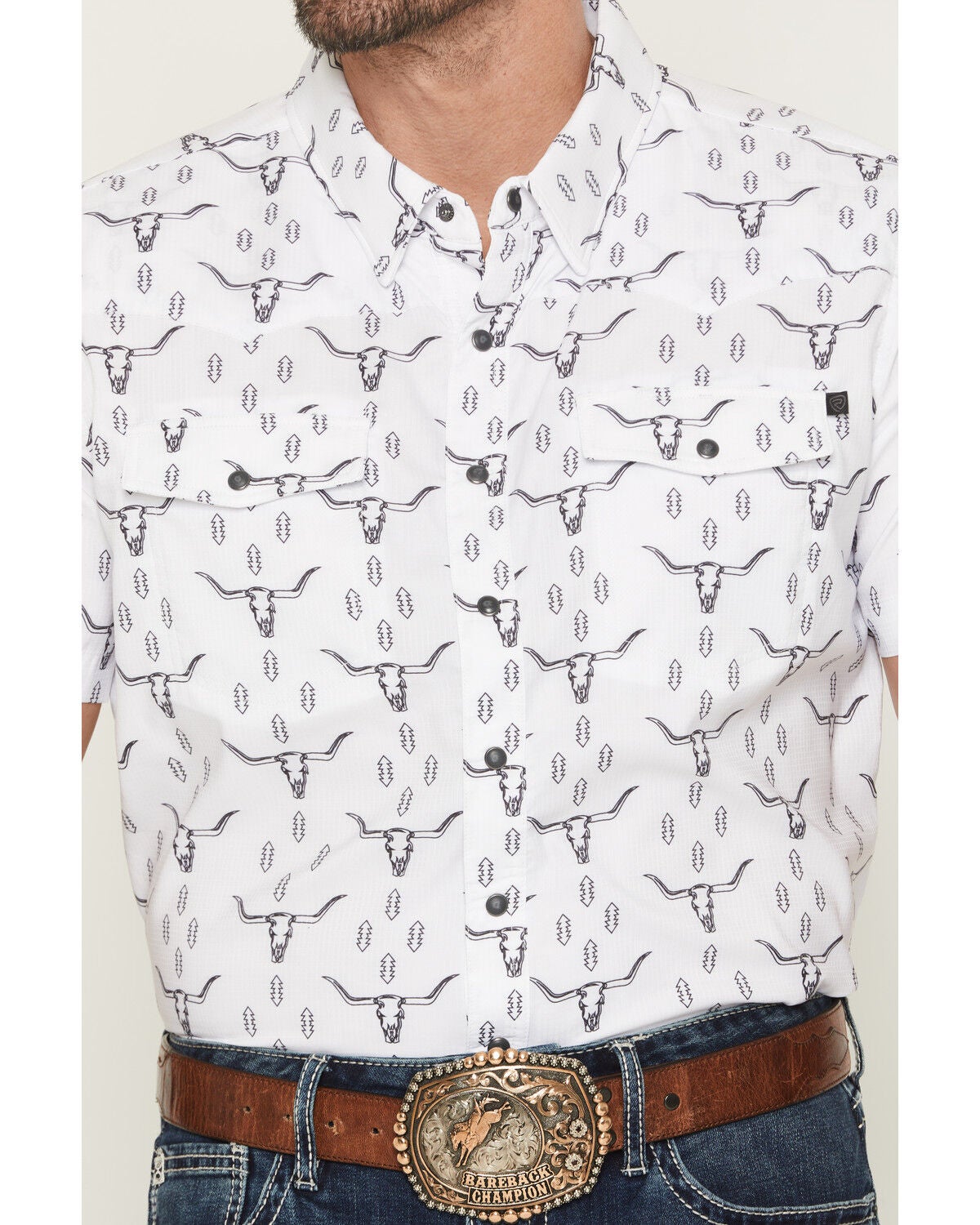 Image #3 - Rock & Roll Denim Men's TEK Steer Skull Short Sleeve Snap Stretch Western Shirt, White, hi-res