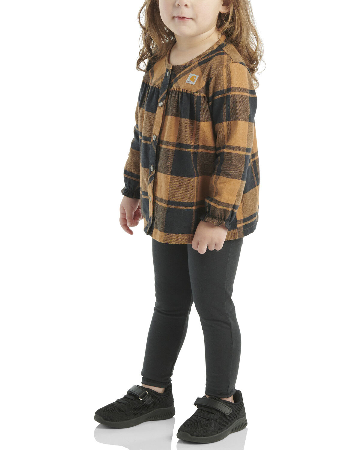 Image #2 - Carhartt Toddler Girls' Plaid Print Long Sleeve Button-Down Shirt And Leggings Set - 2 Piece, Brown, hi-res