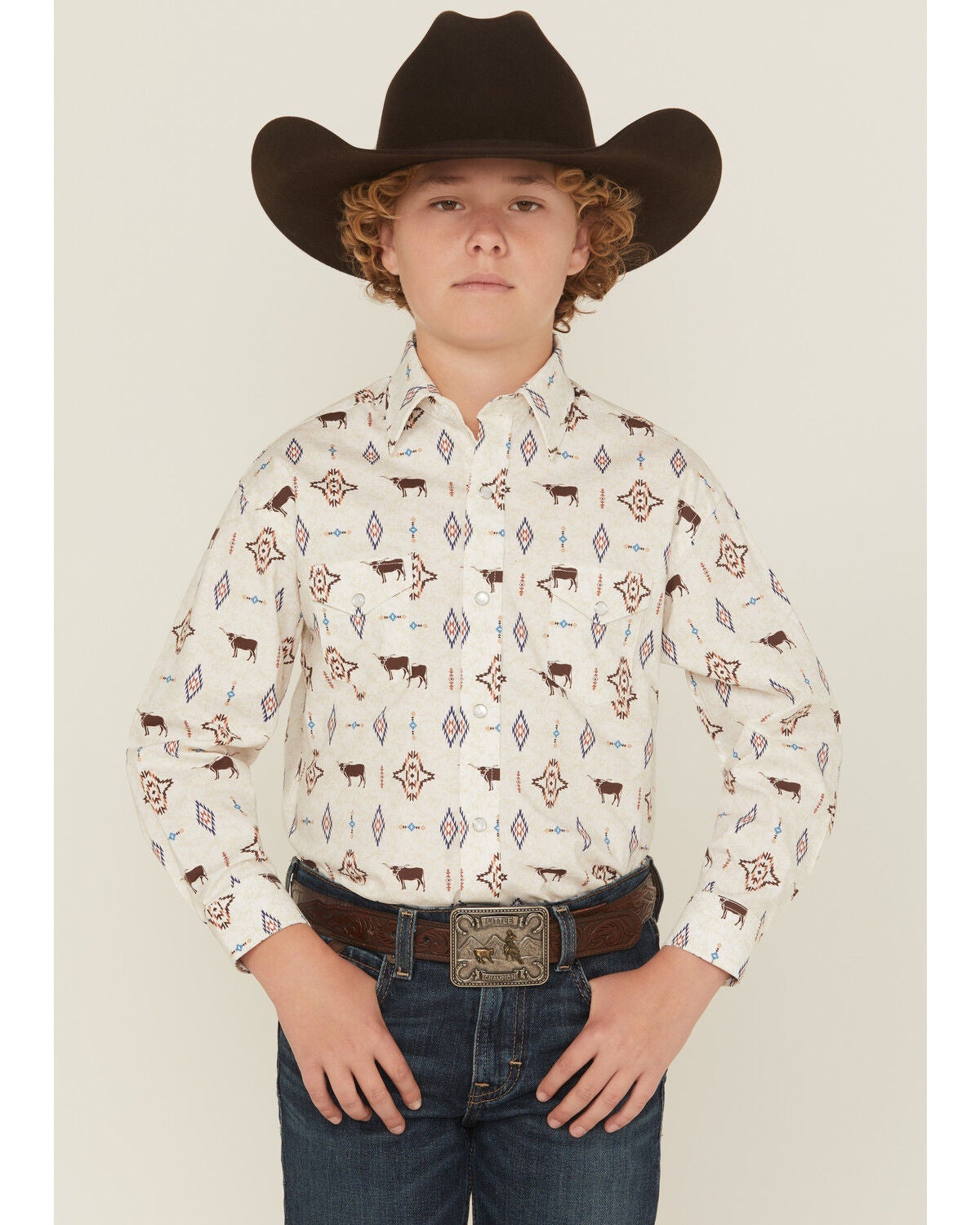 Panhandle Slim Boys' Novelty Steerhead Long Sleeve Snap Stretch Western Shirt, White, hi-res