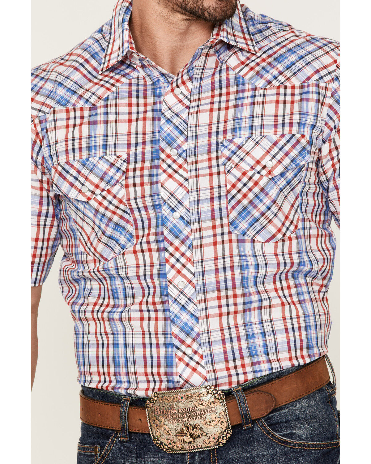 Image #3 - Roper Men's Red White & Blue Large Plaid Short Sleeve Pearl Snap Western Shirt, , hi-res