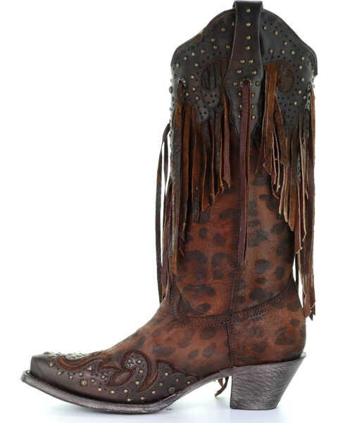 Corral Women's Leopard Stud & Fringe Cowgirl Boots - Snip Toe, Honey, hi-res