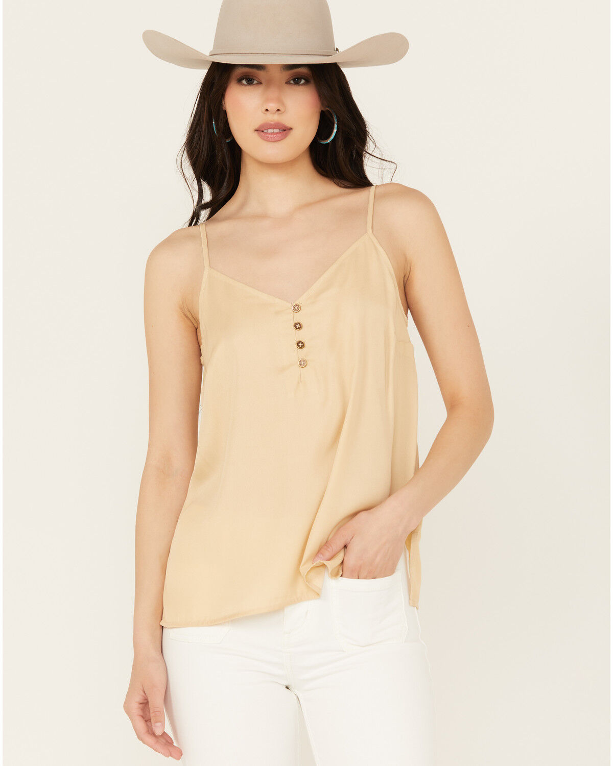 Image #1 - Cleo + Wolf Women's Henley Silk Cami, Tan, hi-res