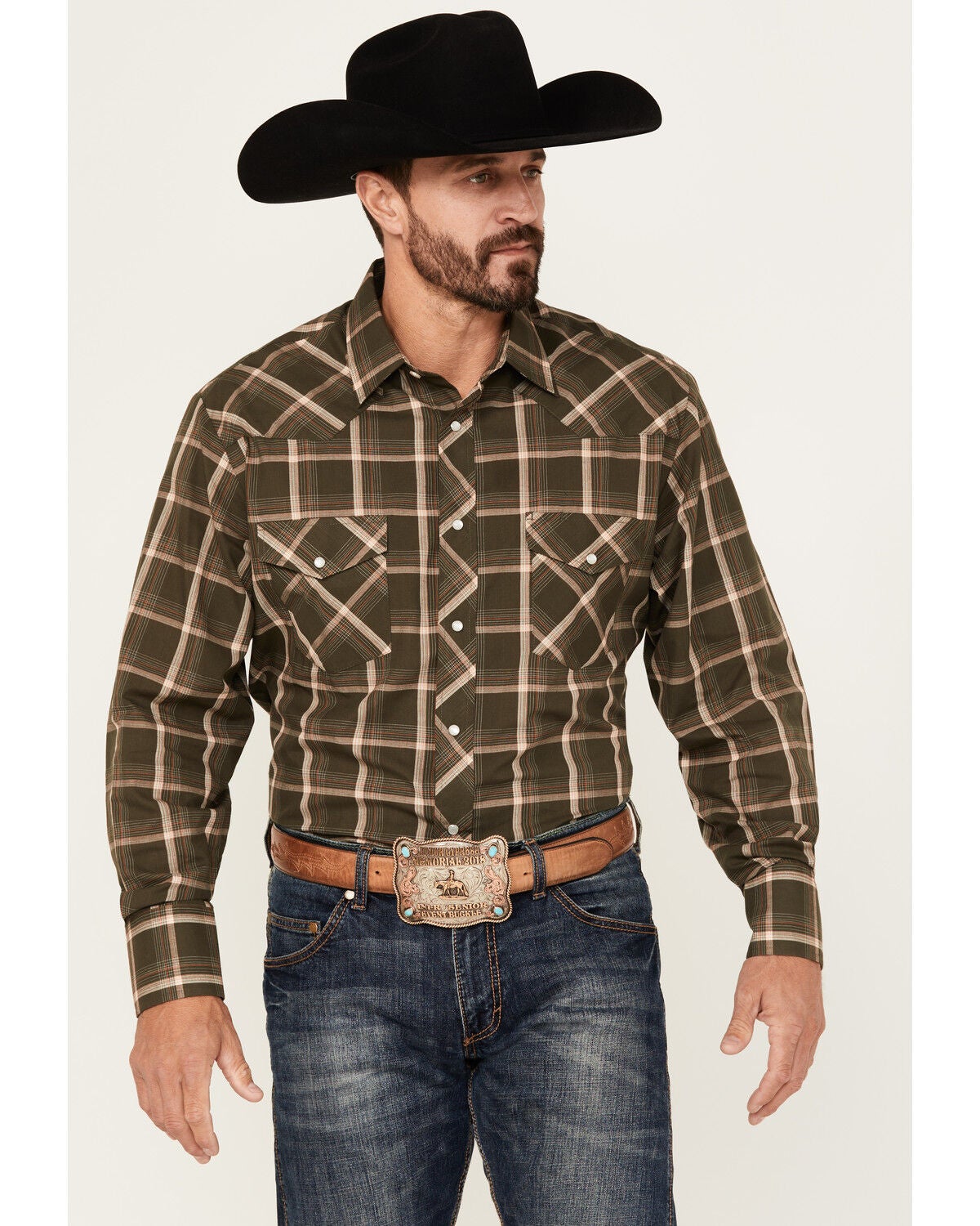 Roper Men's Plaid Print Long Sleeve Pearl Snap Western Shirt, Green, hi-res