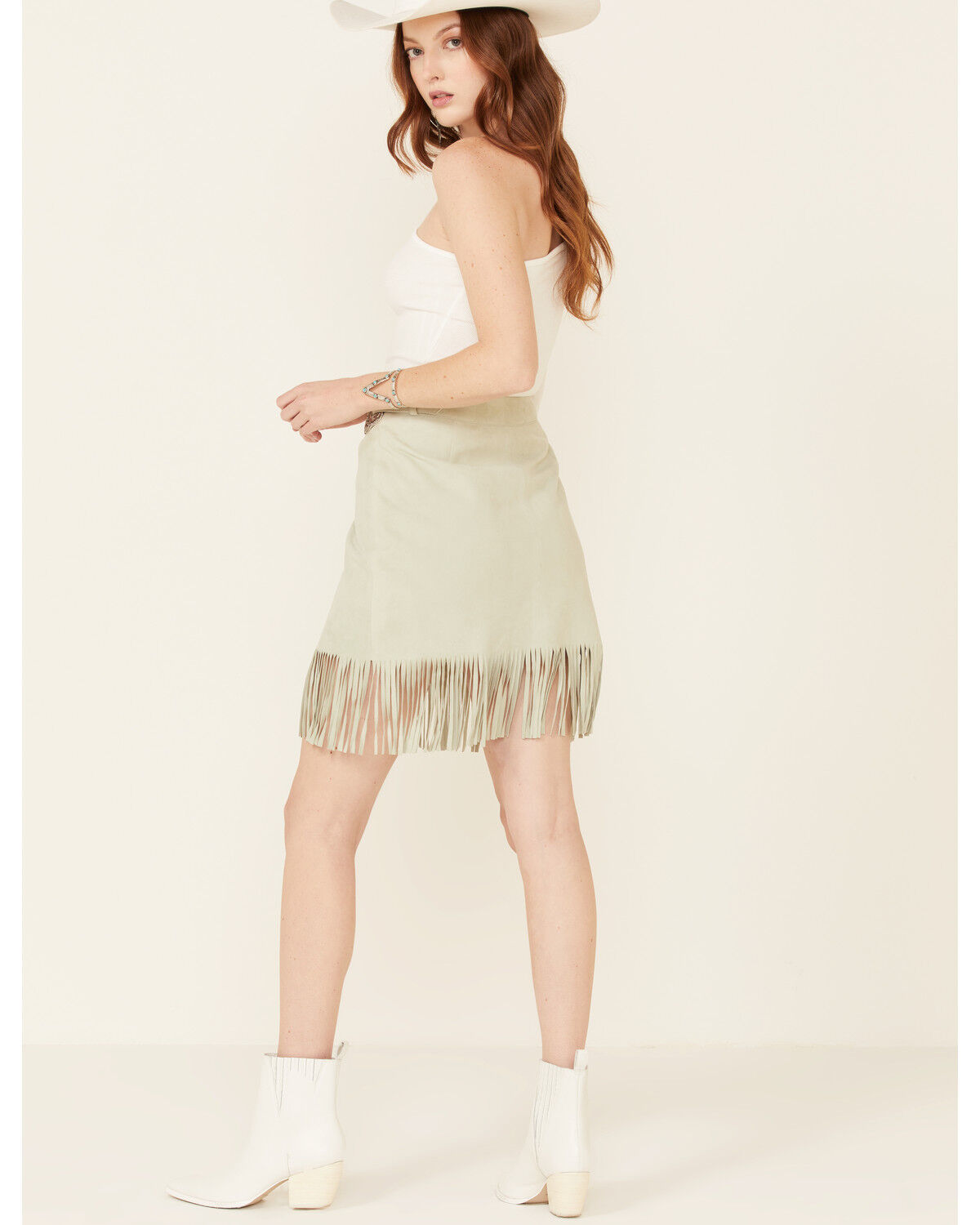 Image #2 - Double D Ranch Women's Dee Belted Fringe Leather Skirt, Sage, hi-res