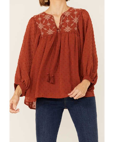 Image #2 - Flying Tomato Women's Embroidered Long Sleeve Peasant Top, Rust Copper, hi-res