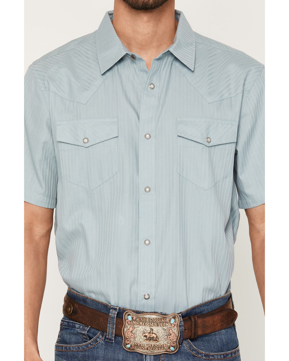 Image #3 - Gibson Trading Co Men's Basic Satin Striped Short Sleeve Snap Western Shirt, Light Blue, hi-res