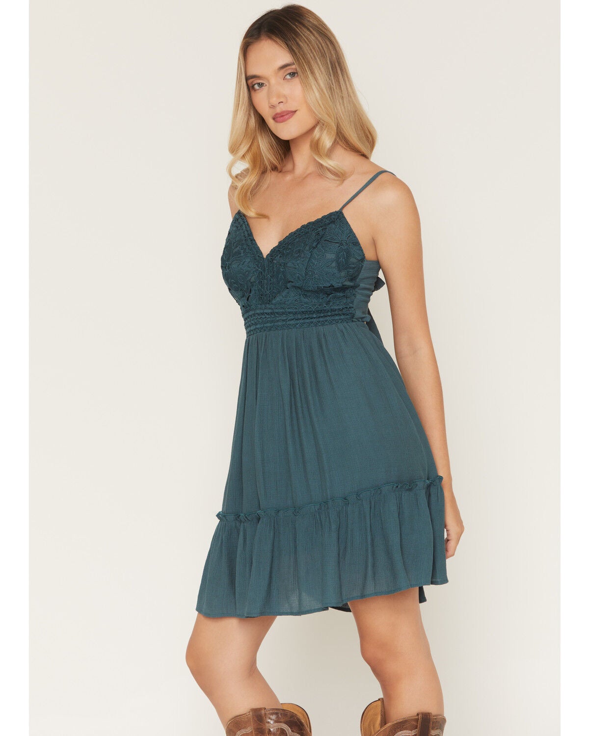 Image #4 - Shyanne Women's Kaylynn Crochet Front Mini Dress, Teal, hi-res