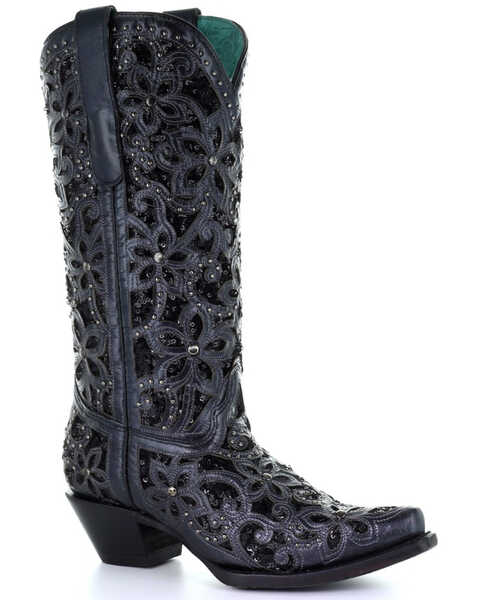Image #1 - Corral Women's Inlay Embroidery Western Boots - Snip Toe, Black, hi-res