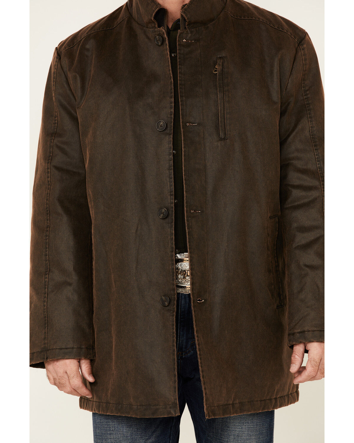 Image #3 - Cripple Creek Men's Enzyme Washed Storm-Flap Long Coat, Brown, hi-res