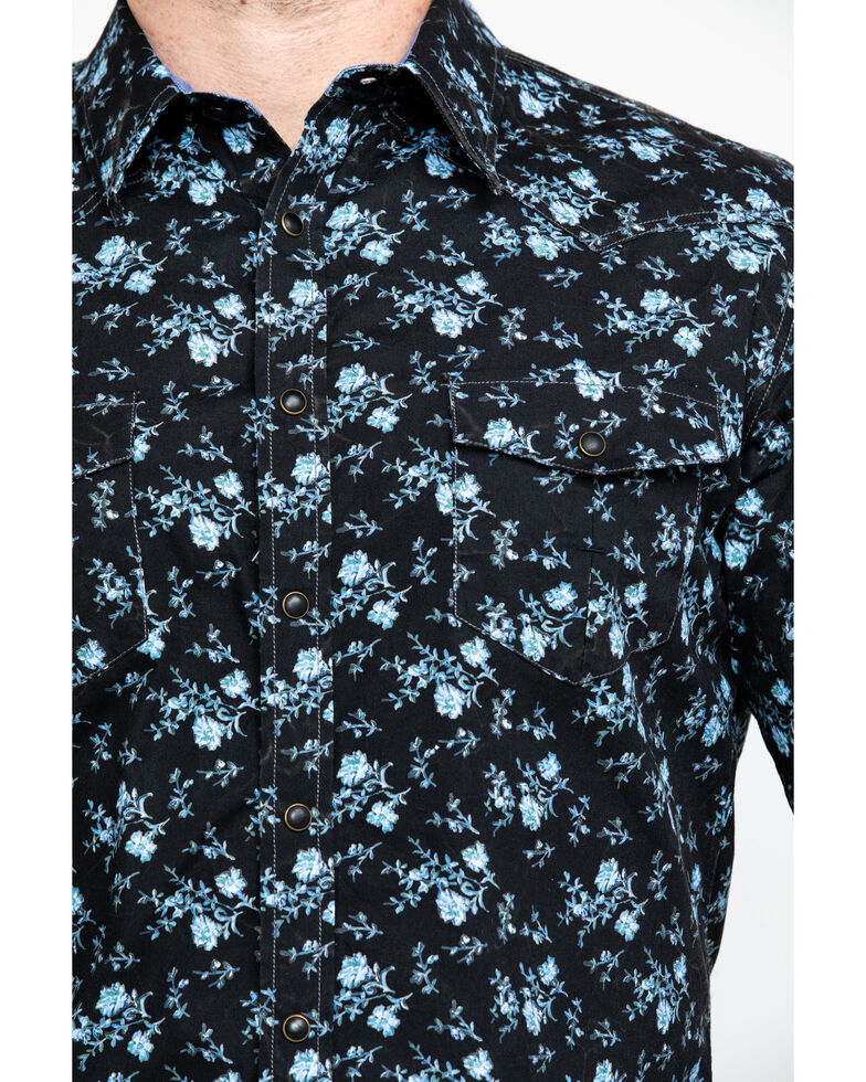 Rock & Roll Denim Men's Crinkle Floral Print Long Sleeve Western Shirt , Blue, hi-res