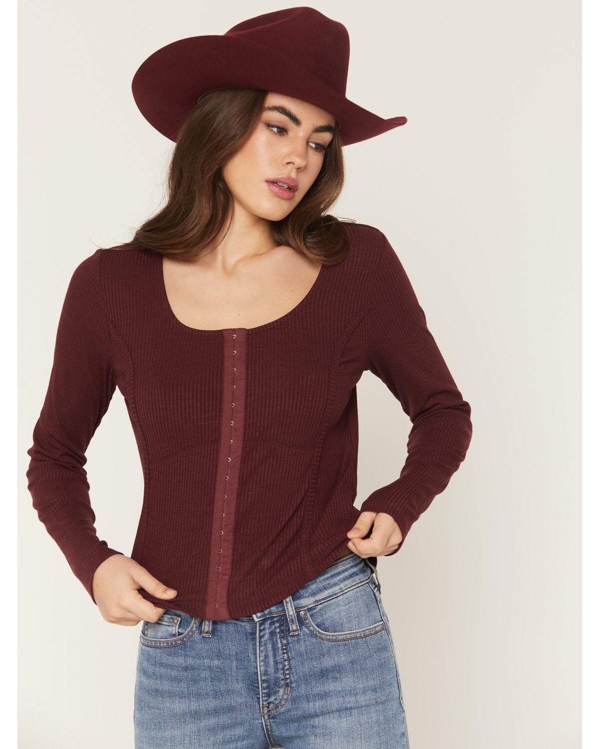Image #1 - Shyanne Women's Maddox Solid Rib Knit Long Sleeve Shirt, Brick Red, hi-res