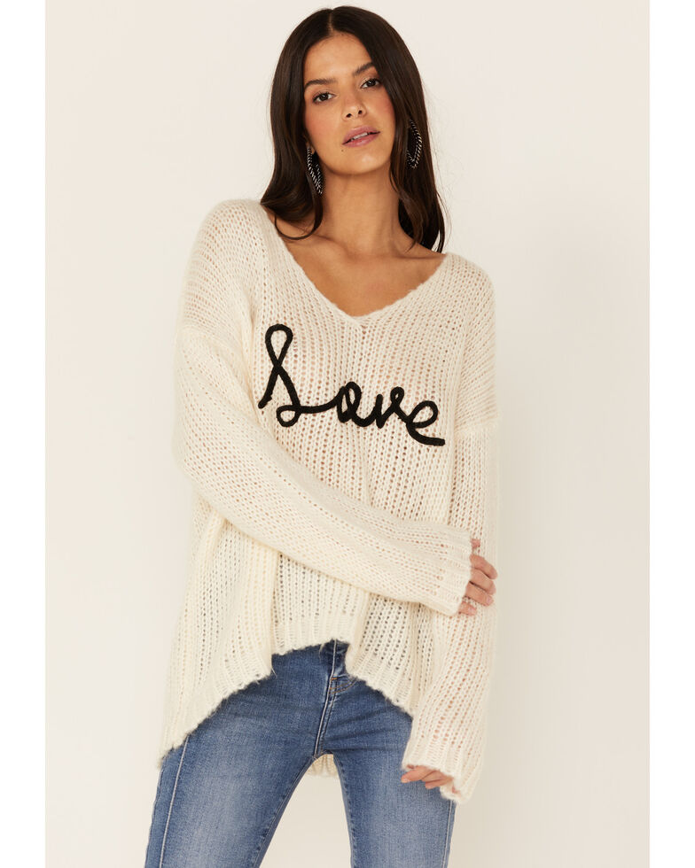 Revel Women's Love Pullover V-Neck Sweater, Cream, hi-res