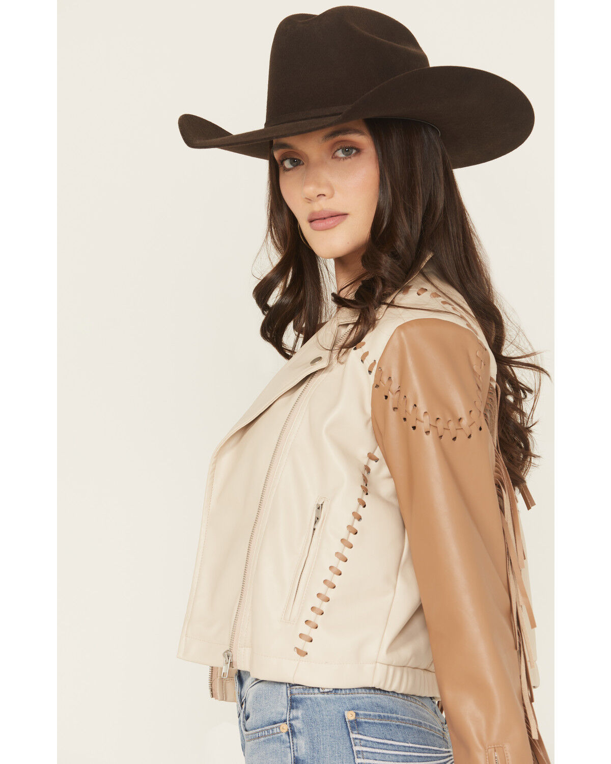 Image #2 - Blue B Women's Fringe Whip Stitch Faux Leather Moto Jacket, Taupe, hi-res