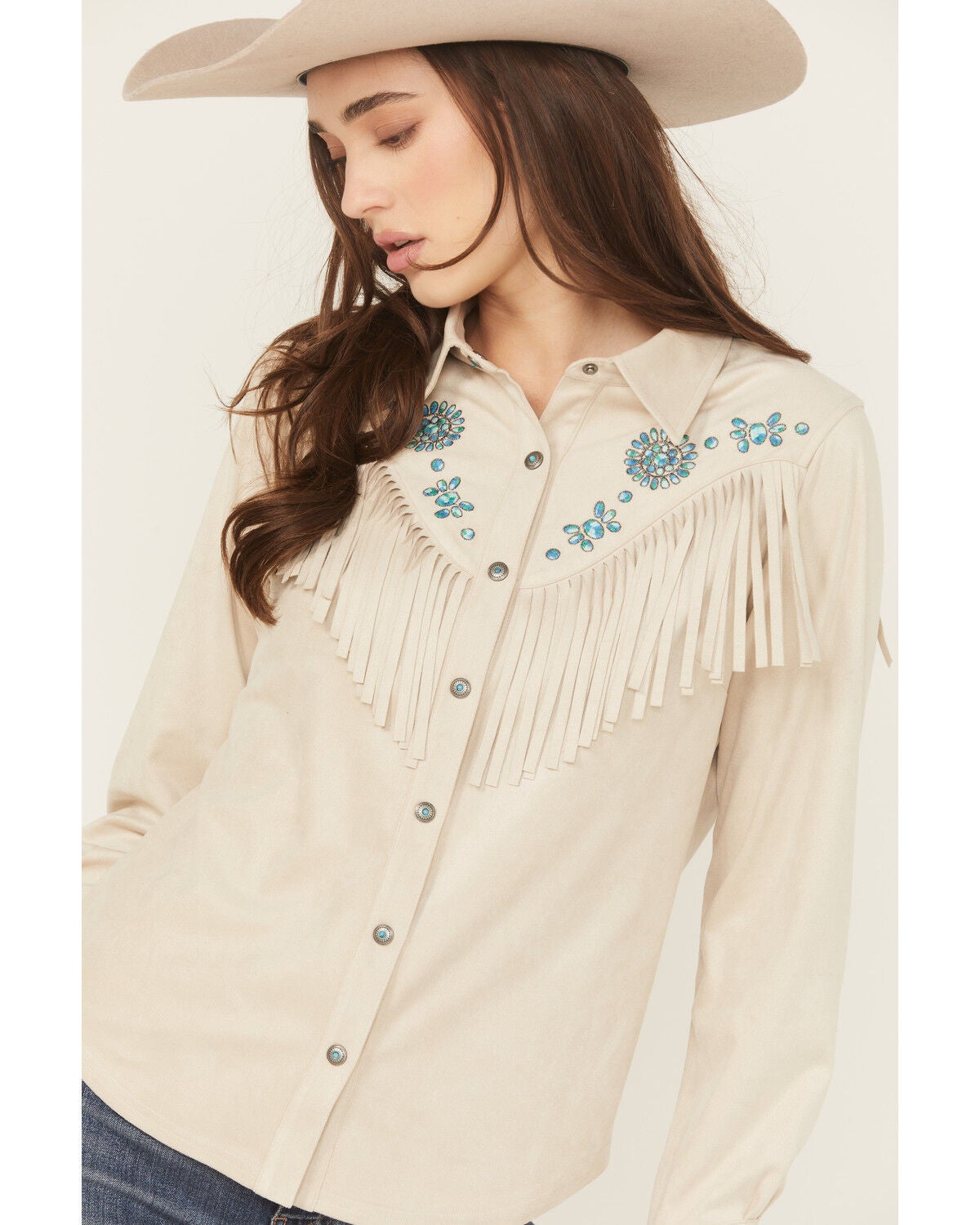 Image #2 - Shyanne Women's Embellished Faux Suede Long Sleeve Fringe Top, Oatmeal, hi-res