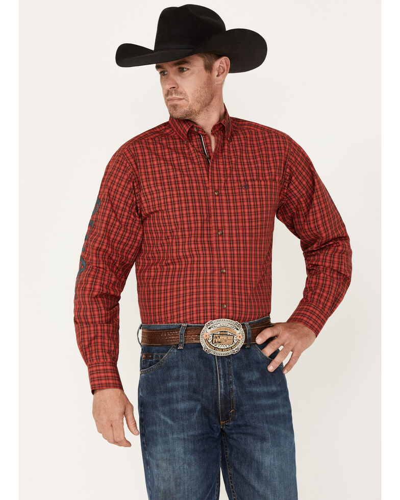 Ariat Men's Mariano Small Plaid Logo Pro Button-Down Western Shirt , Red, hi-res