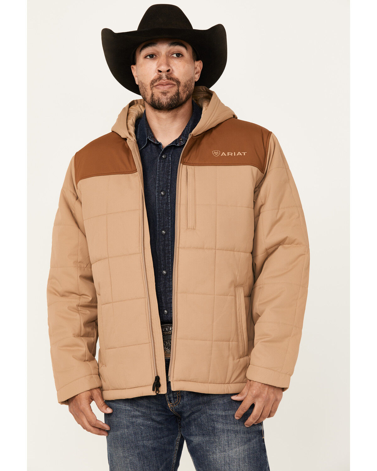 Image #1 - Ariat Men's Color Block Insulated Hooded Jacket, Tan, hi-res