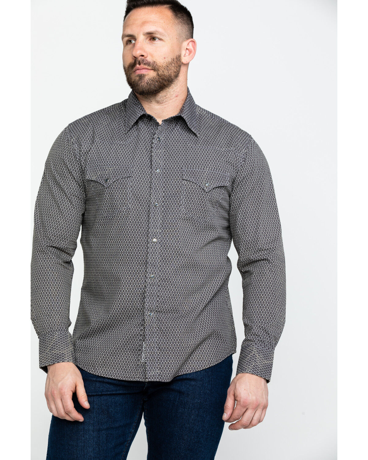 Image #1 - Rock & Roll Denim Men's Brown Washed Poplin Print Long Sleeve Western Shirt, Brown, hi-res