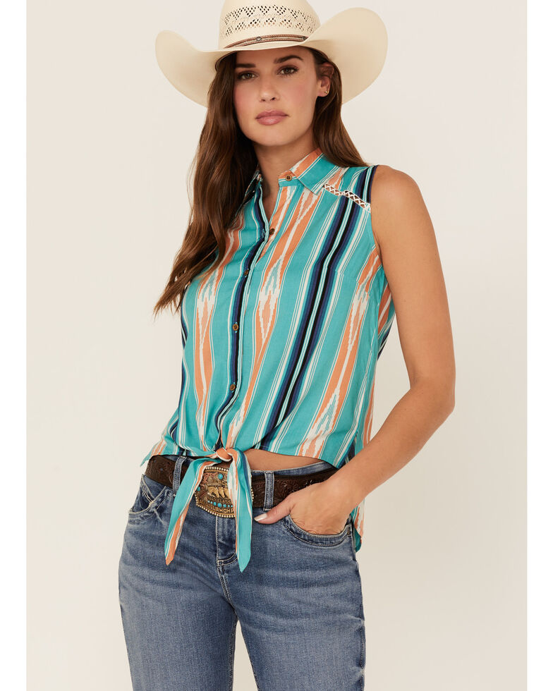 Panhandle Women's Serape Stripe Tie Front Sleeveless Button-Down Shirt, Turquoise, hi-res