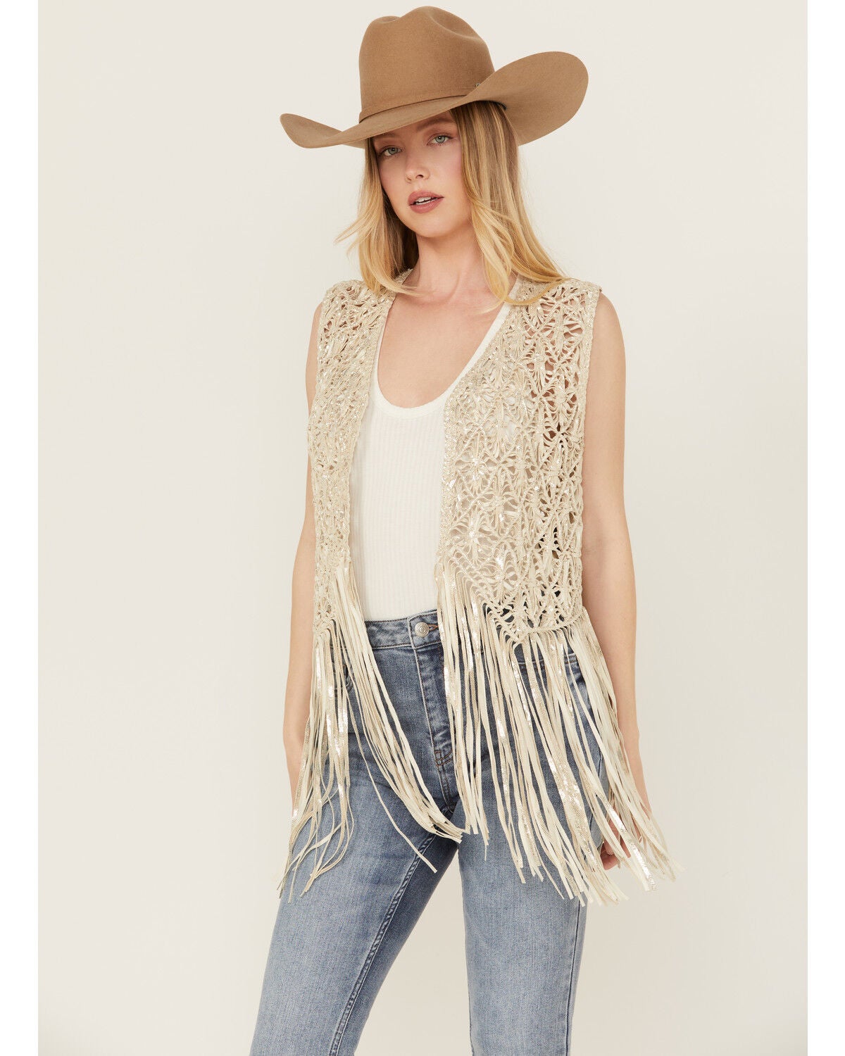 Wonderwest Women's Foiled Suede Vest, Cream, hi-res