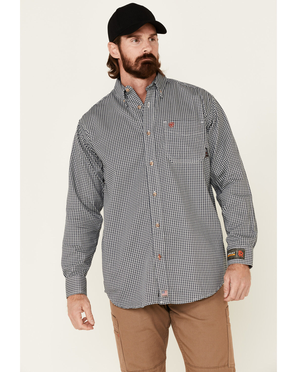 Image #1 - Ariat Men's FR Plaid Print Long Sleeves Button-Down Work Shirt - Tall, Navy, hi-res