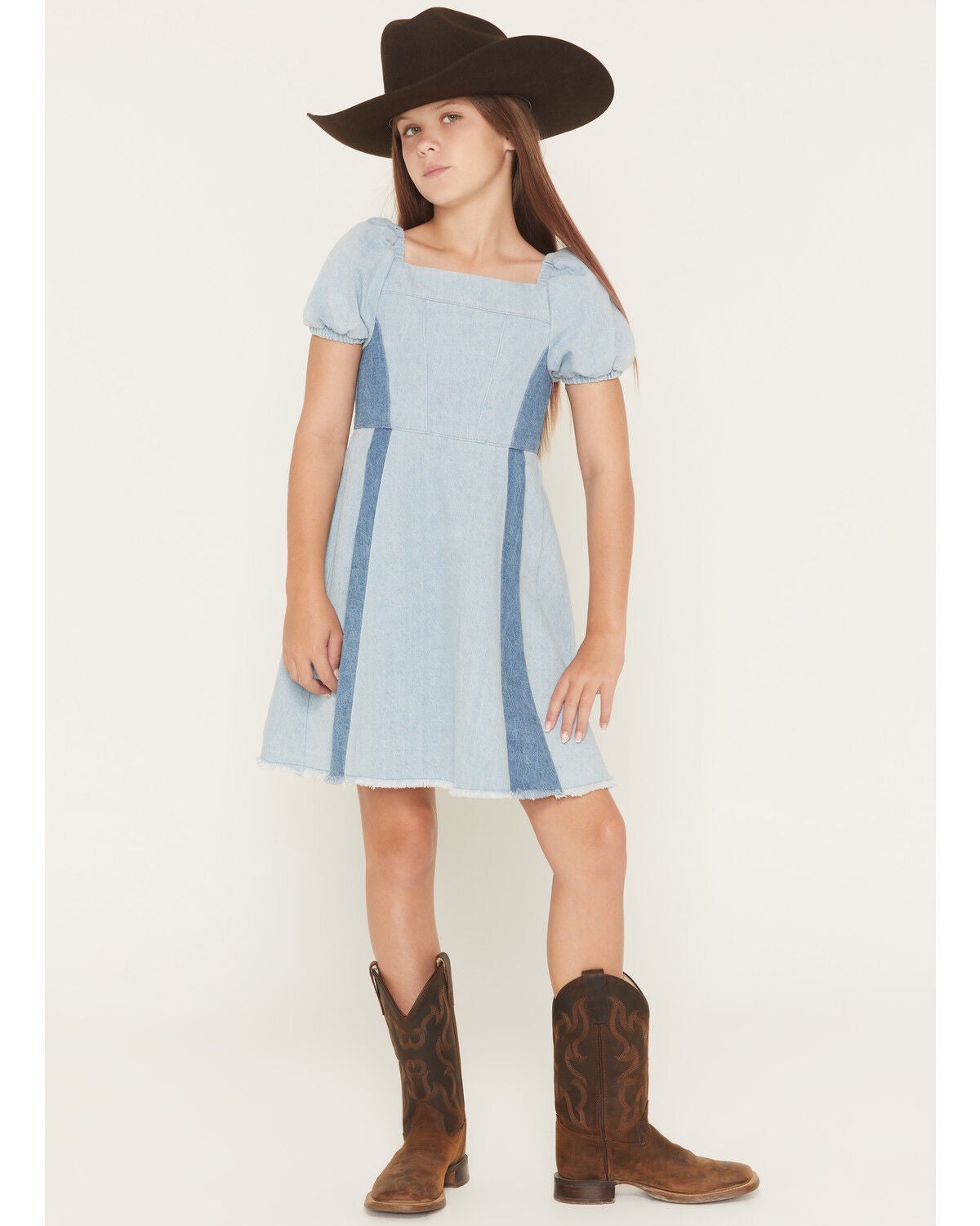 Self Esteem Girls' Short Sleeve Denim Dress, Blue, hi-res