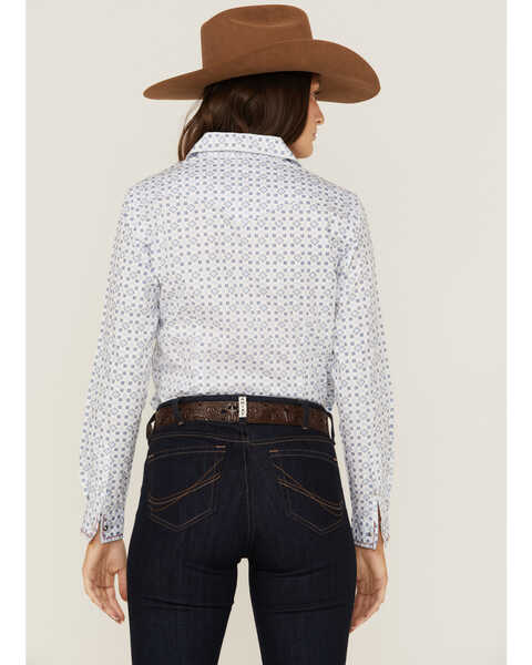 Image #4 - Panhandle Women's Mini Southwestern Geo Whipstitch Long Sleeve Pearl Snap Western Shirt, Blue, hi-res