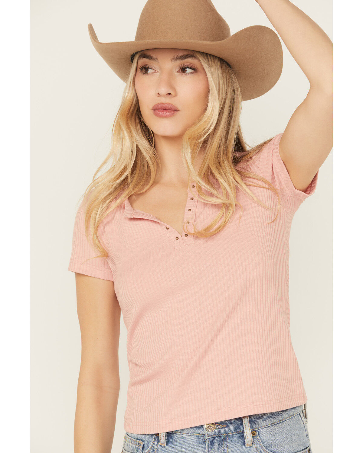 Image #2 - Shyanne Women's Studded Rib Knit V-Neck Top, Light Pink, hi-res