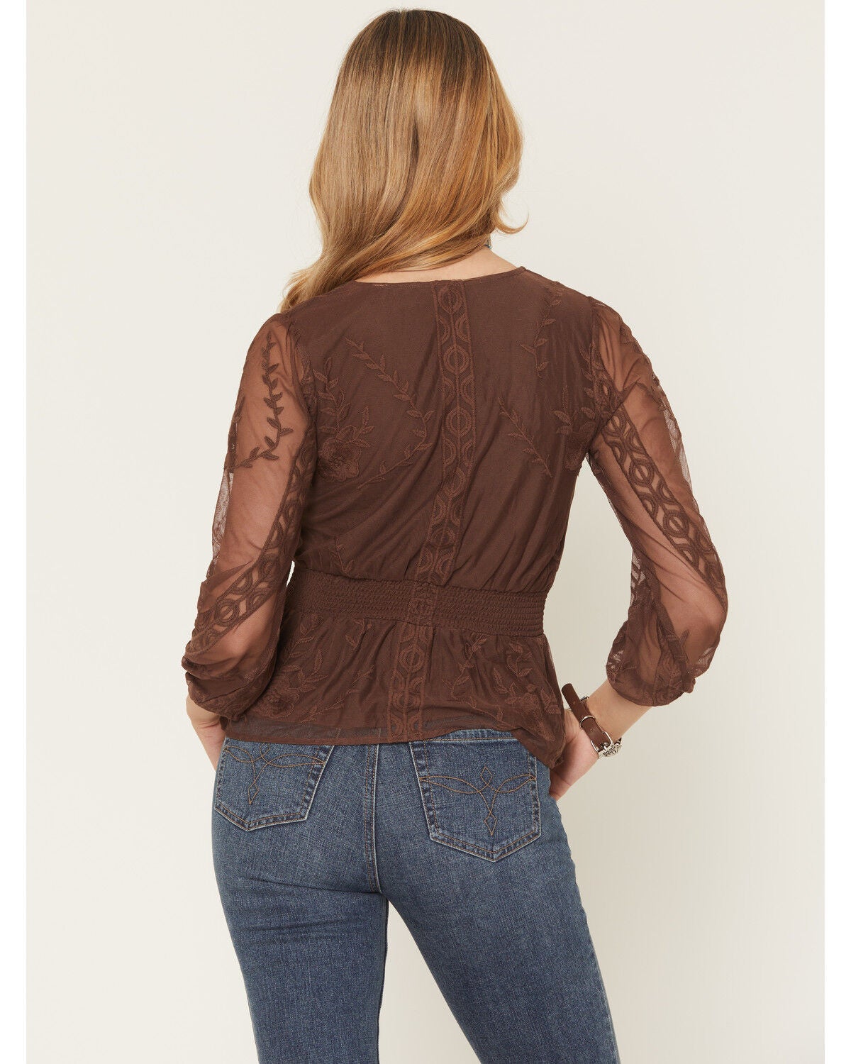 Image #4 - Shyanne Women's Embroidered Mesh Long Sleeve Button-Down Shirt, Brown, hi-res