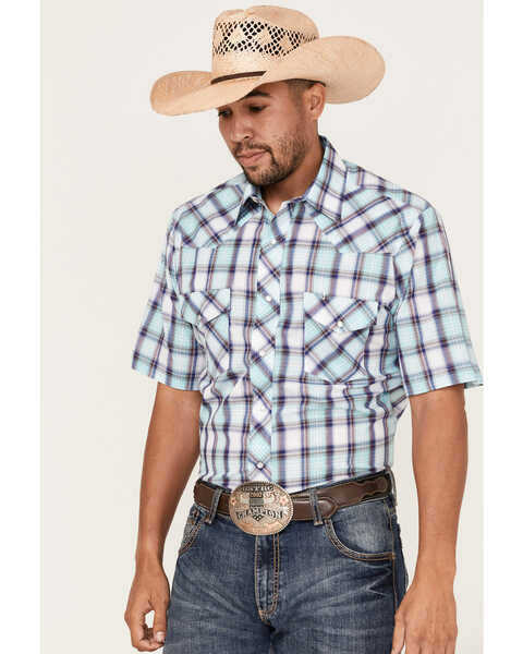 Image #1 - Roper Men's Classic Large Plaid Short Sleeve Pearl Snap Western Shirt , Blue, hi-res