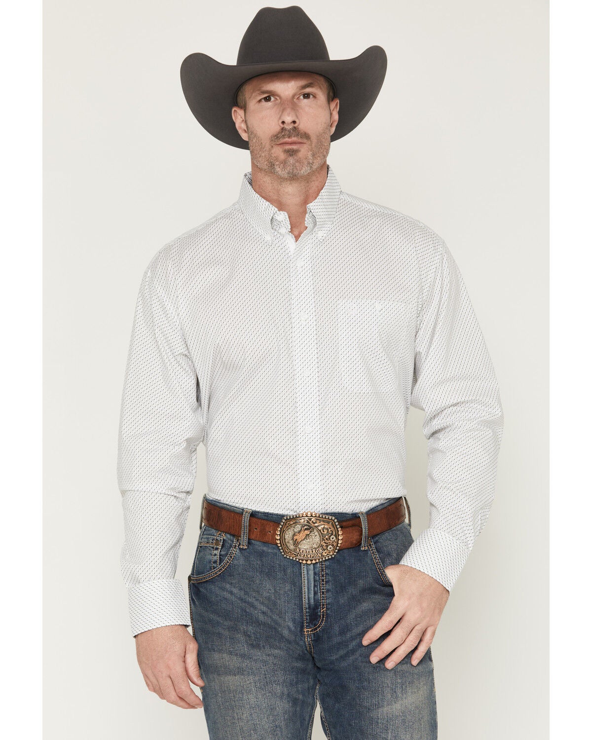 Image #1 - George Strait by Wrangler Men's Geo Print Long Sleeve Button-Down Stretch Western Shirt, White, hi-res