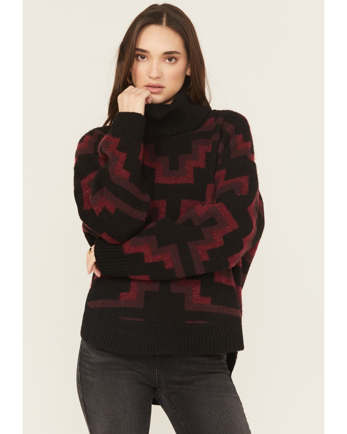 Ariat Women's Southwestern Print Turtleneck Sweater, Black, hi-res