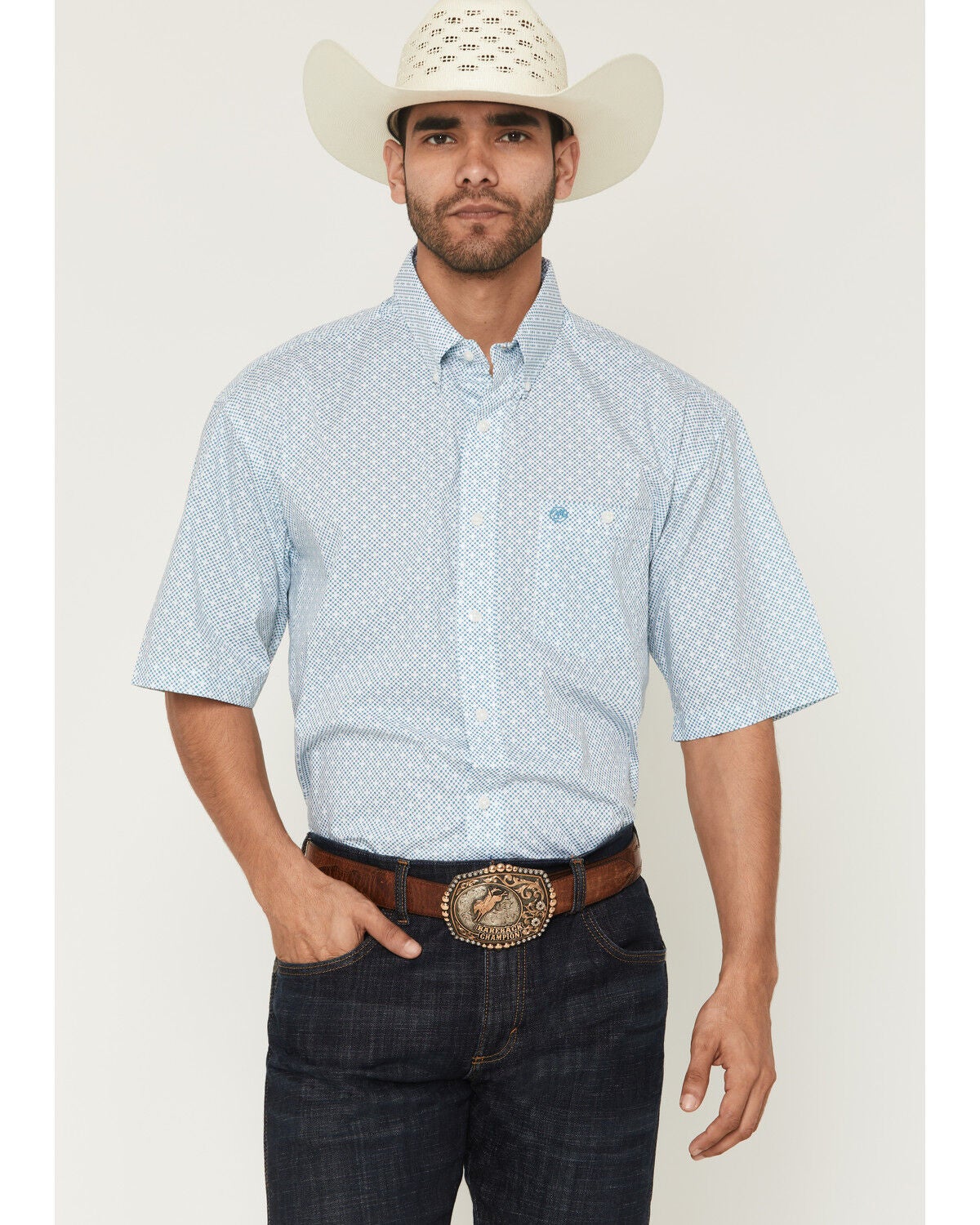 Image #1 - Wrangler Men's Classics Geo Print Short Sleeve Button-Down Western Shirt, Teal, hi-res
