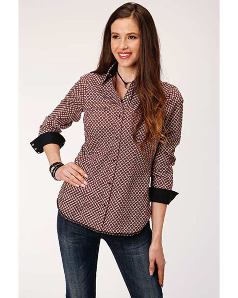 Roper Women's Plus Red Diamond Print Snap Western Shirt - Plus Size, Red, hi-res