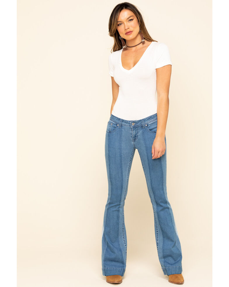 Grace in LA Women's Medium Wash Thick Stripe Flare Jeans , Blue, hi-res