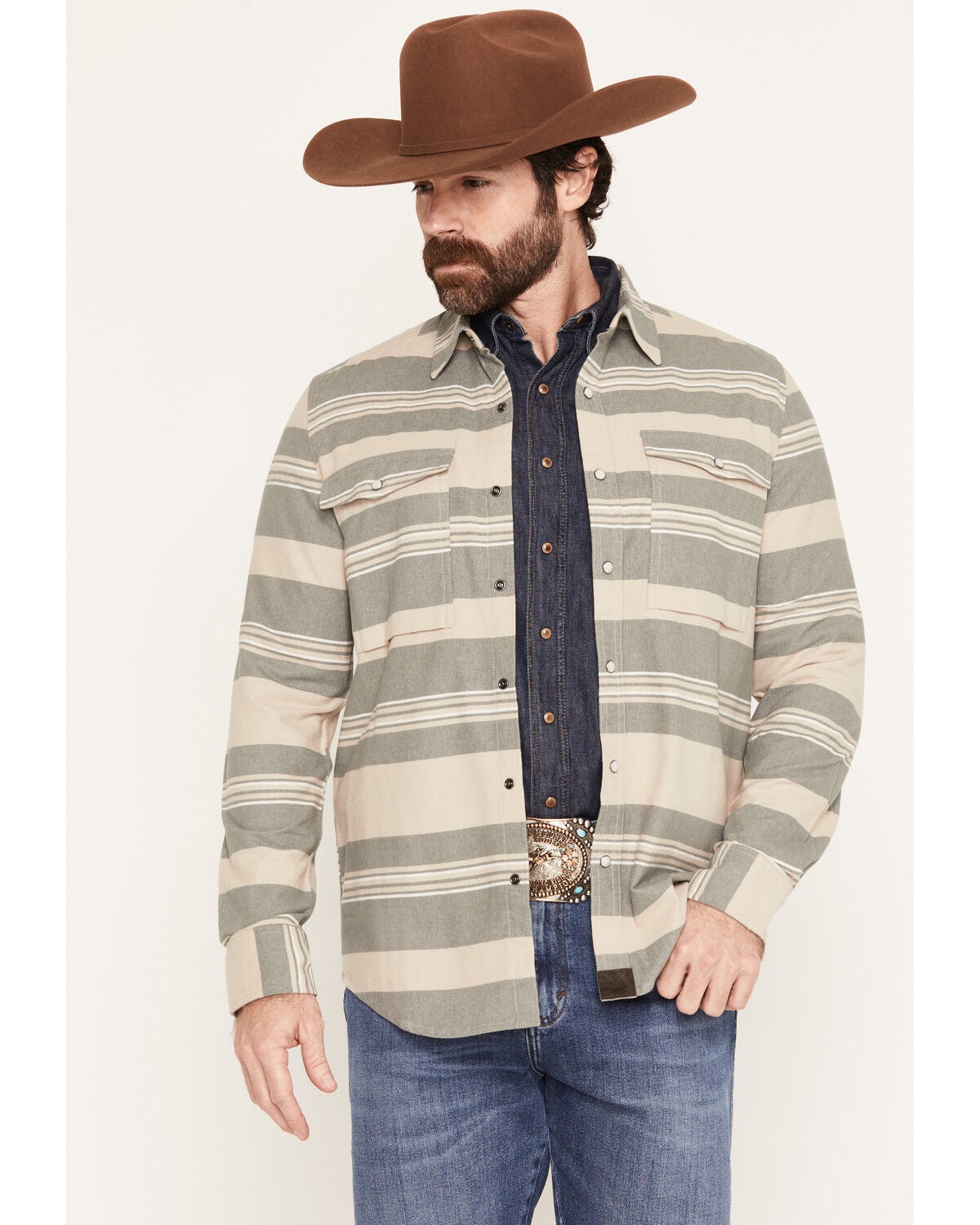 Image #1 - Dakota Grizzly Men's Boot Barn Exclusive Shane Striped Long Sleeve Snap Flannel Shirt, Grey, hi-res