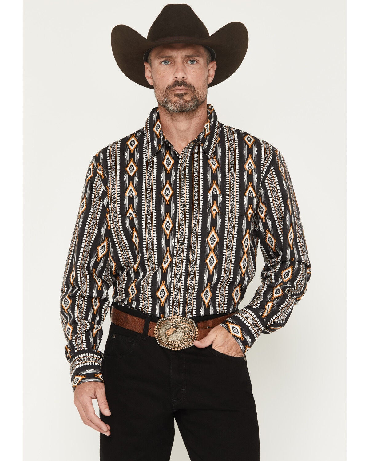 Wrangler Men's Checotah Southwestern Print Long Sleeve Snap Western Shirt, Black, hi-res